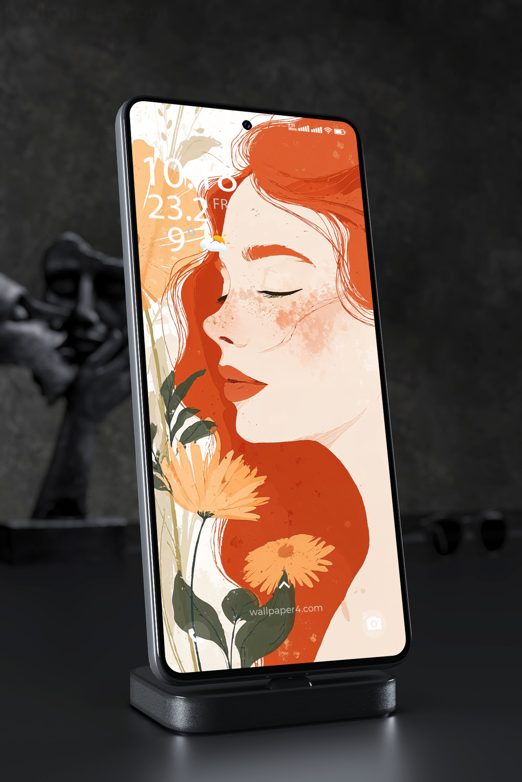 Phone Wallpaper 7107 - Serene Redhead Woman with Golden Flowers