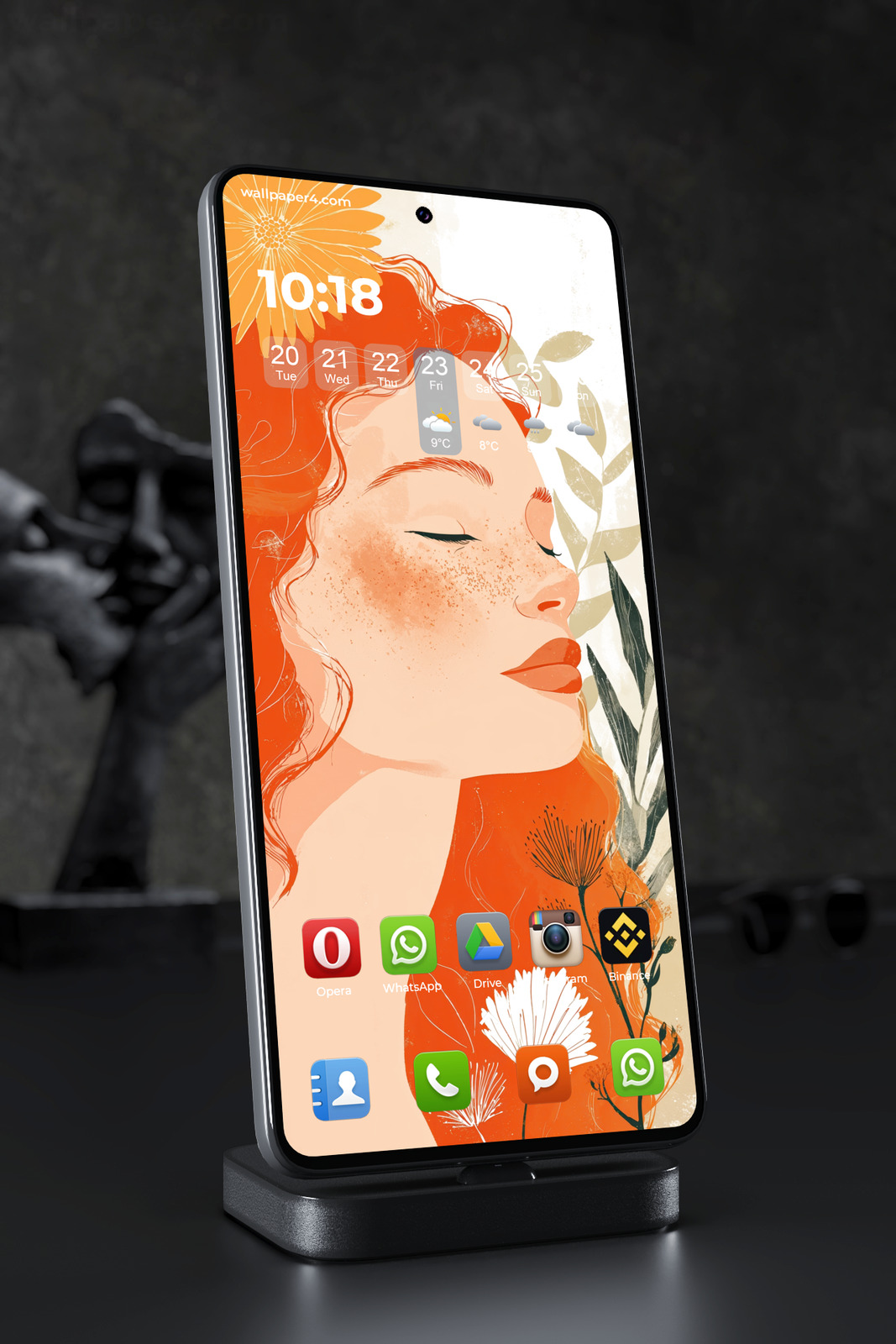 Mobile Wallpaper 7107 - Serene Redhead Woman with Golden Flowers