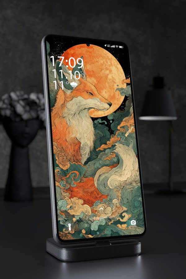 Phone Wallpaper 7112 - Mystical Fox Beneath the Giant Orange Moon