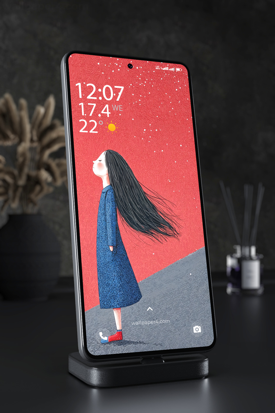 Phone Wallpaper 7121 - Dreaming Woman with Flowing Hair Illustration