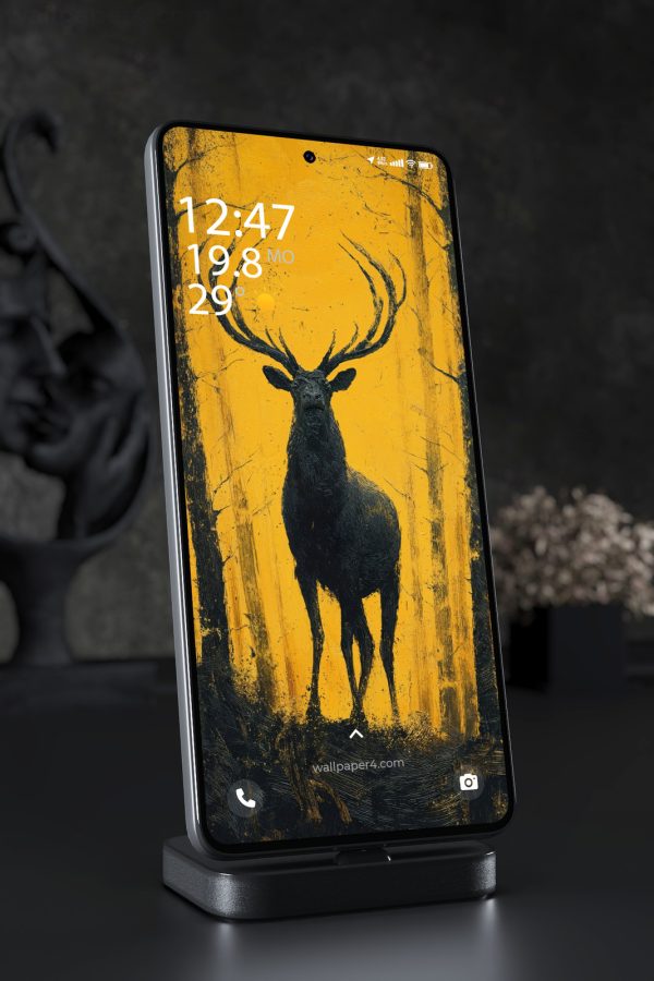 Phone Wallpaper 7134 - Black Stag in a Golden Forest Painting