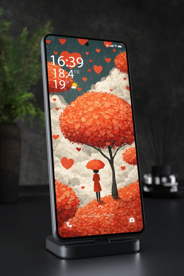 Phone Wallpaper 7143 - Autumn Love in the Rain Under an Orange Tree