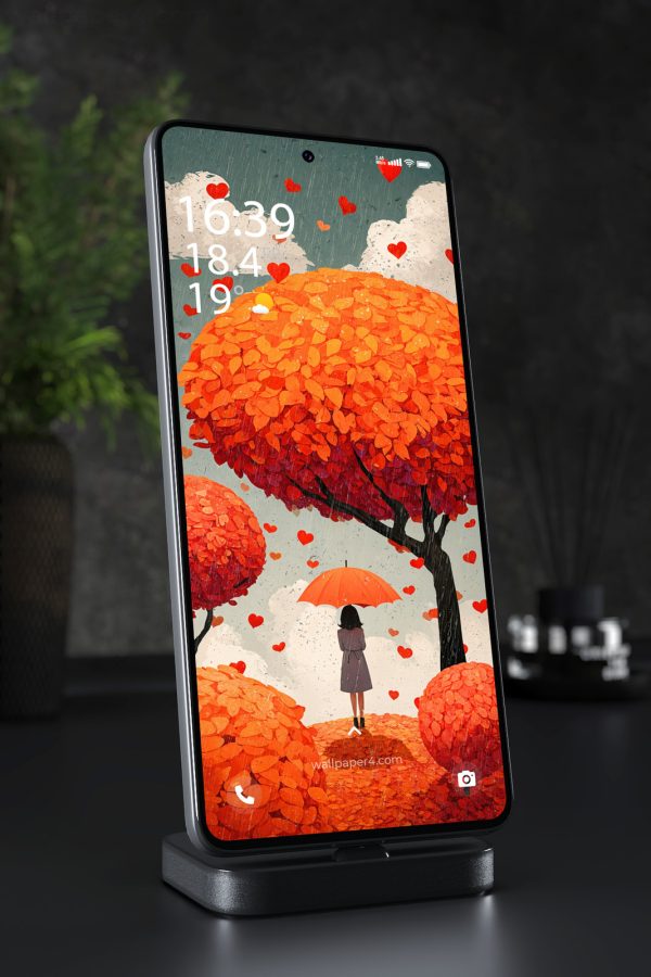 Mobile Wallpaper 7143 - Autumn Love in the Rain Under an Orange Tree