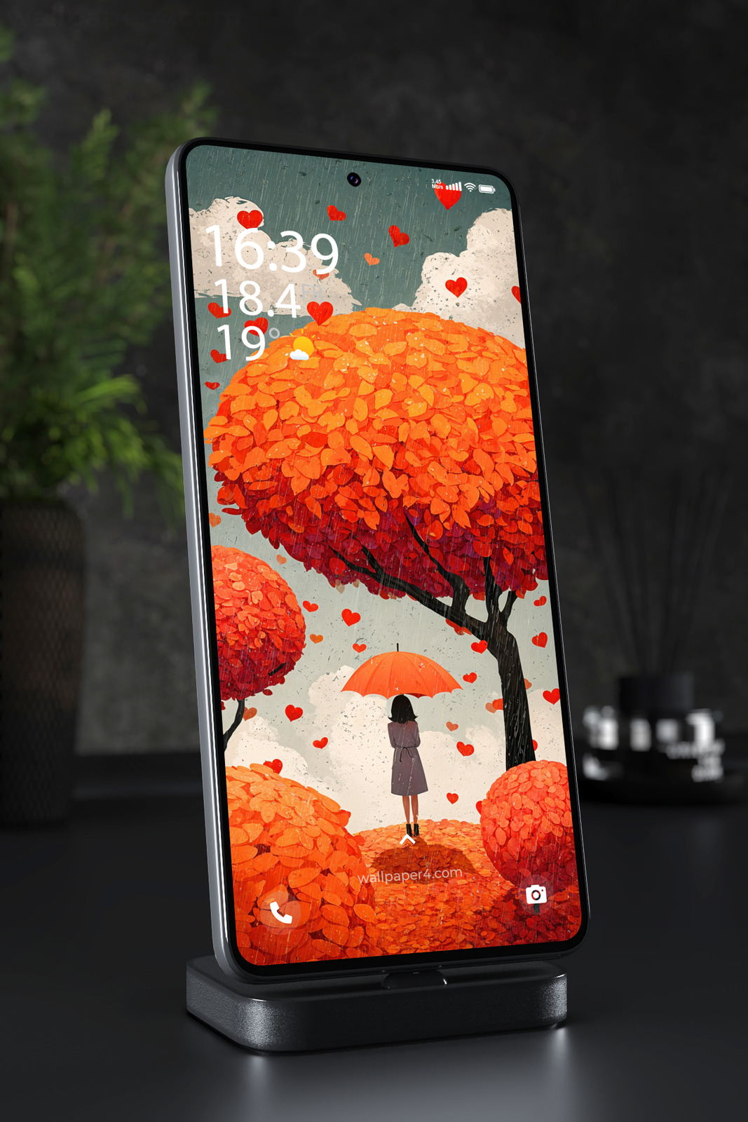 Mobile Wallpaper 7143 - Autumn Love in the Rain Under an Orange Tree