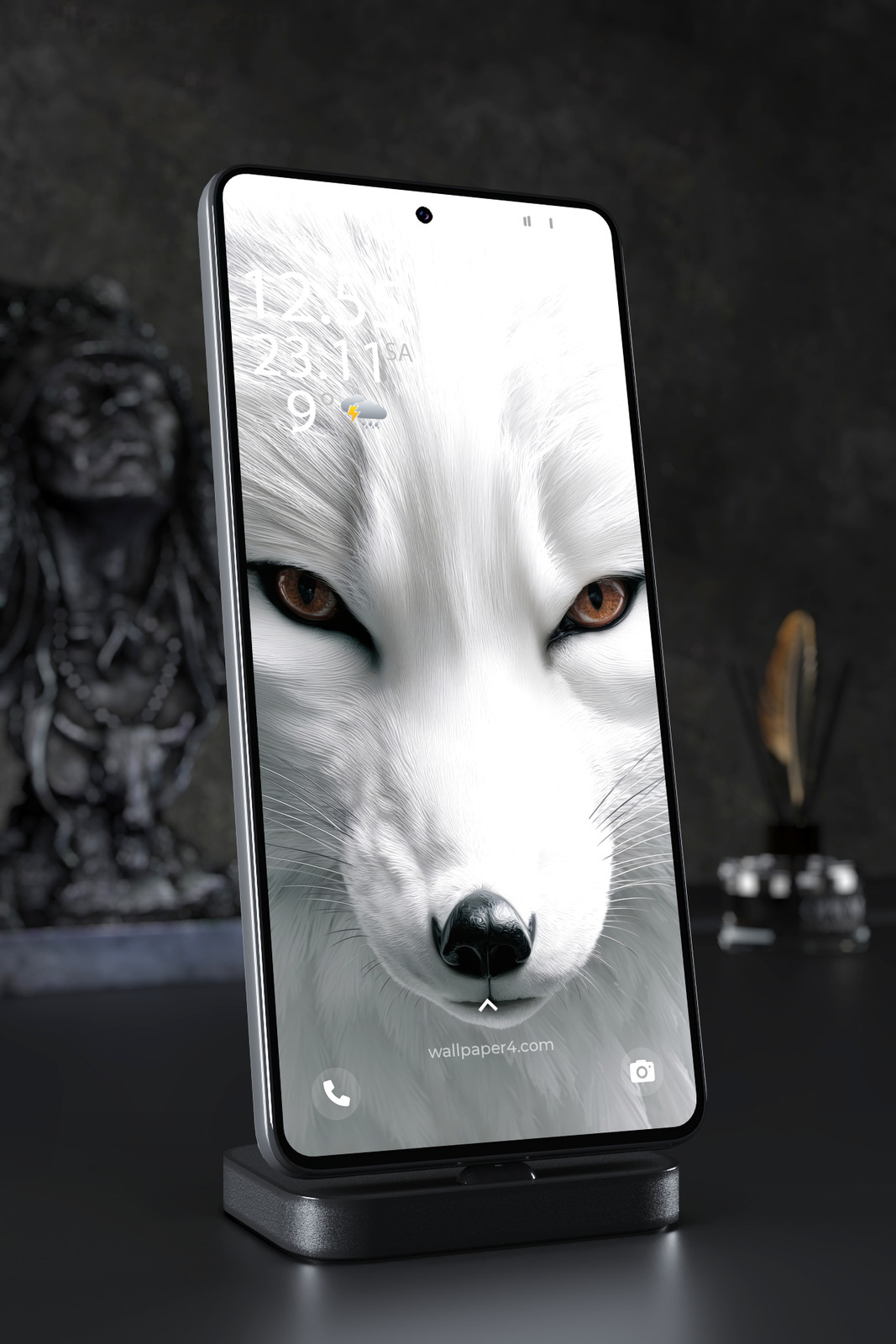 Phone Wallpaper 7152 - Majestic White Wolf with Intense Amber Eyes