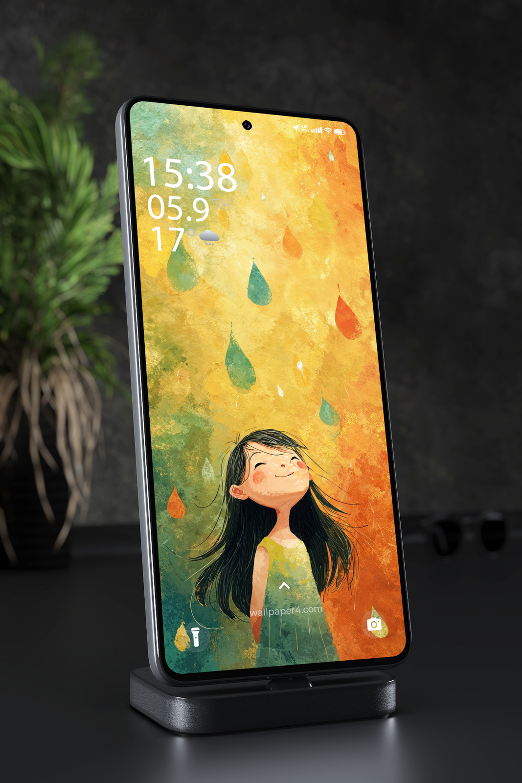 Phone Wallpaper 7156 - Colorful Rainy Day Girl Watercolor Illustration