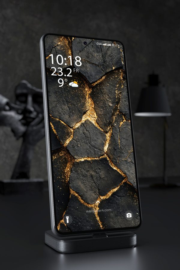 Phone Wallpaper 7161 - Black Stone and Gold Cracks Abstract Texture
