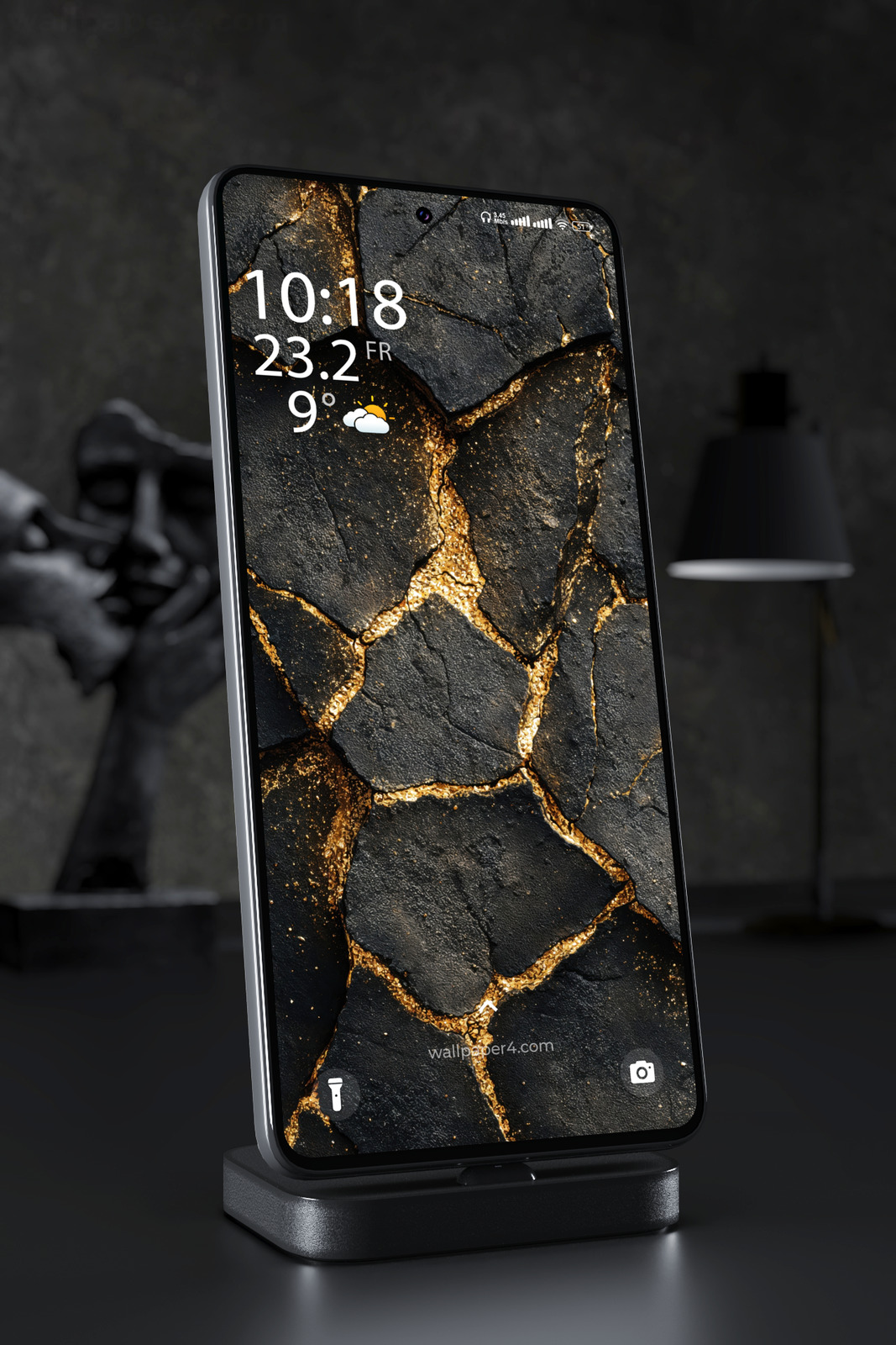Phone Wallpaper 7161 - Black Stone and Gold Cracks Abstract Texture