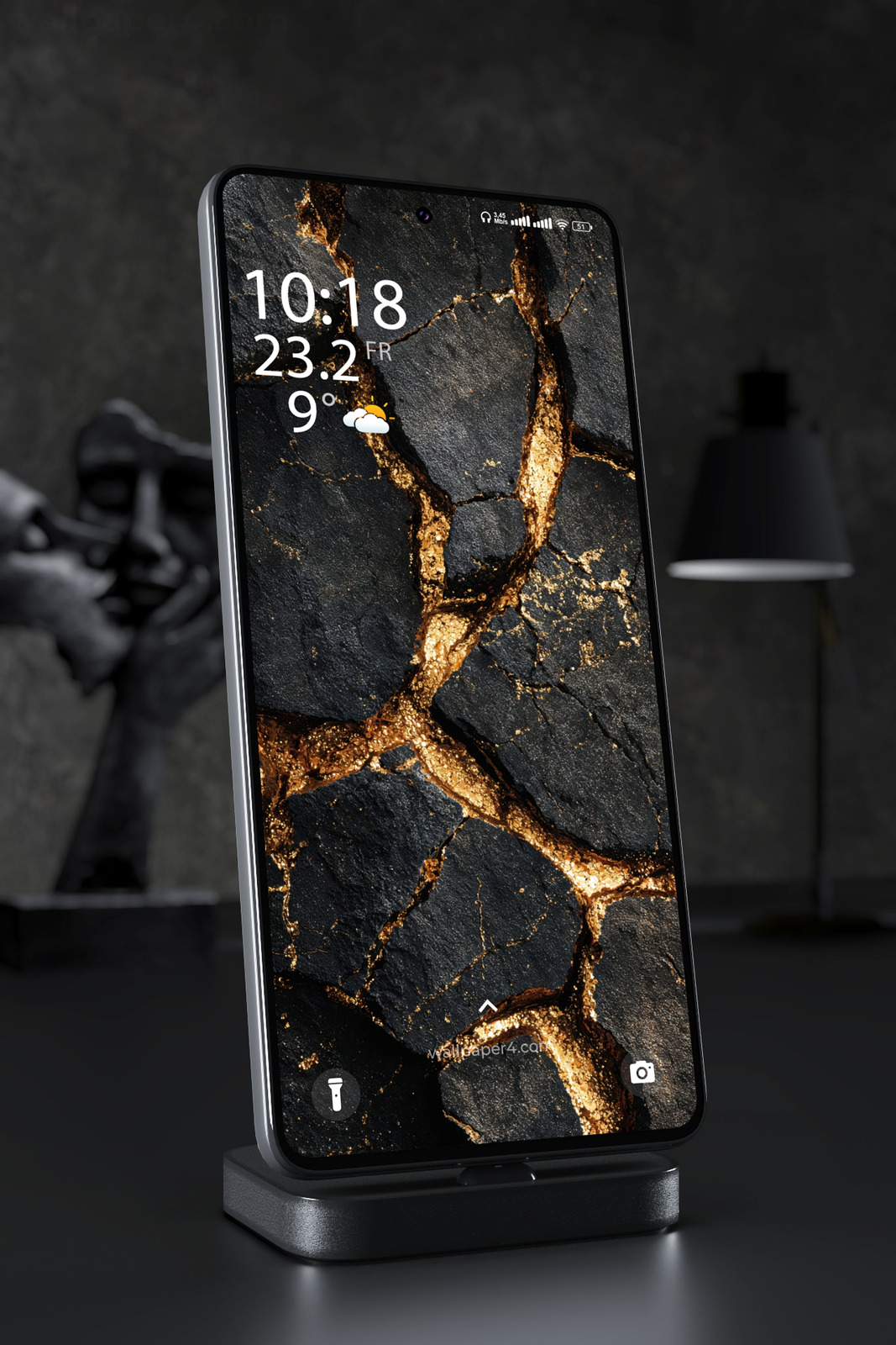 Mobile Wallpaper 7161 - Black Stone and Gold Cracks Abstract Texture