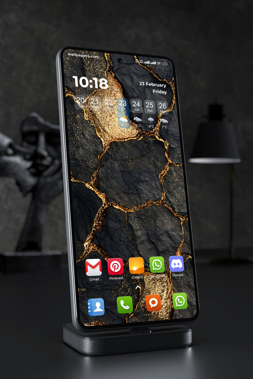 Mobile Wallpaper 7161 - Black Stone and Gold Cracks Abstract Texture