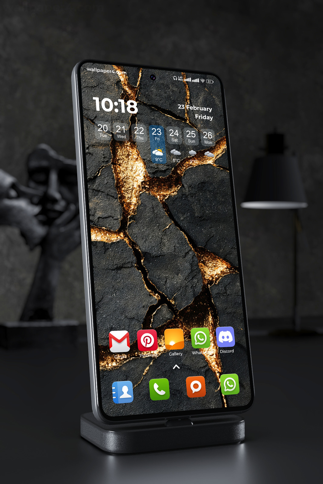 Mobile Wallpaper 7161 - Black Stone and Gold Cracks Abstract Texture