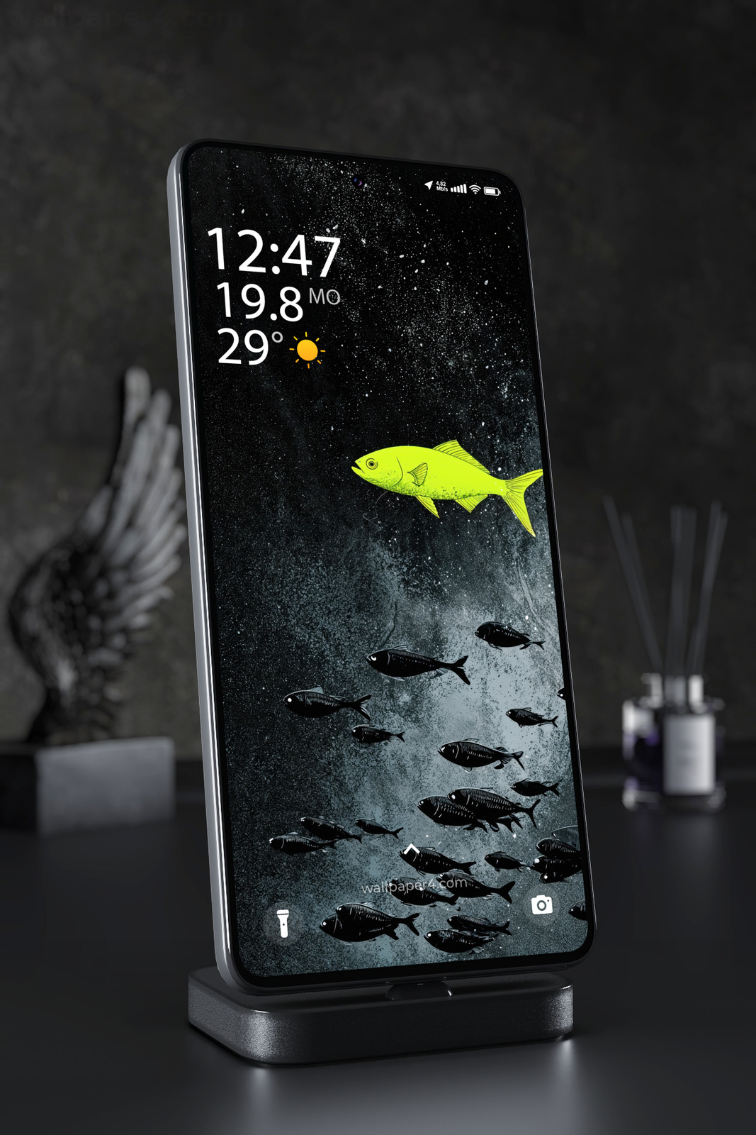 Mobile Wallpaper 7170 - Neon Green Fish in a Dark Cosmic Ocean