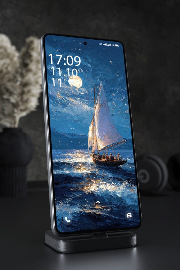 Phone Wallpaper 7179 - Moonlit Sailboat on a Deep Blue Ocean