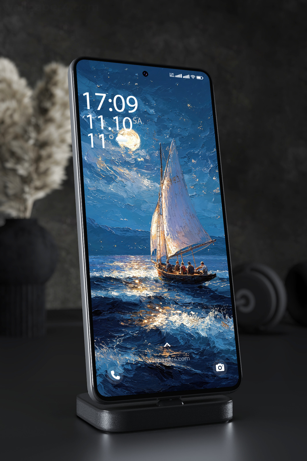 Phone Wallpaper 7179 - Moonlit Sailboat on a Deep Blue Ocean