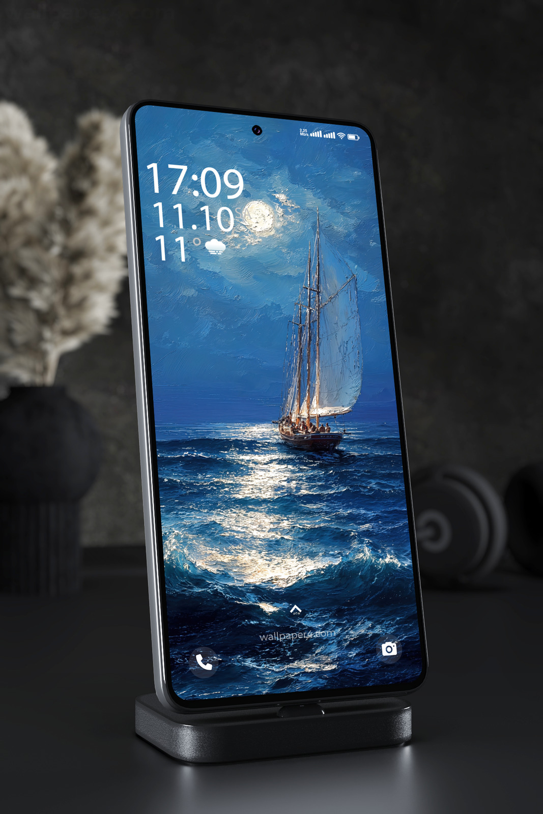 Mobile Wallpaper 7179 - Moonlit Sailboat on a Deep Blue Ocean