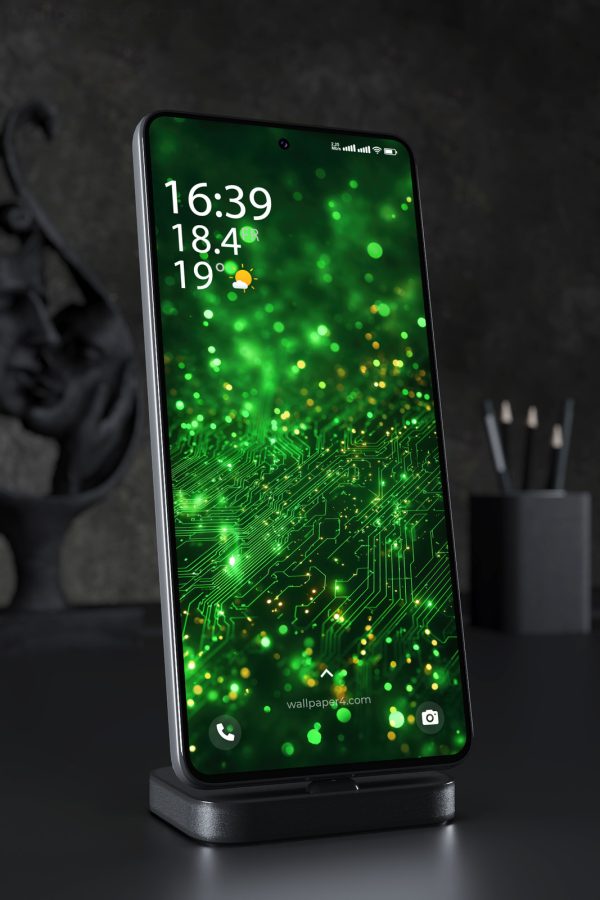 Phone Wallpaper 7187 - Neon Green Circuit Board with Golden Lights
