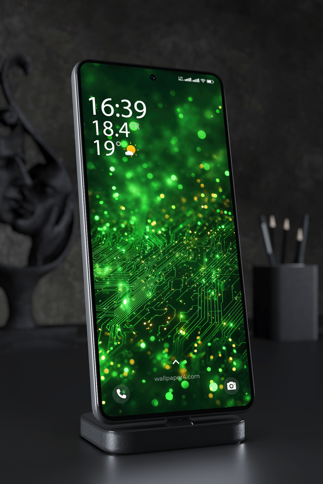 Phone Wallpaper 7187 - Neon Green Circuit Board with Golden Lights