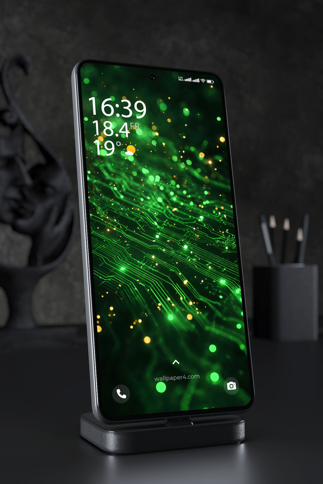 Mobile Wallpaper 7187 - Neon Green Circuit Board with Golden Lights