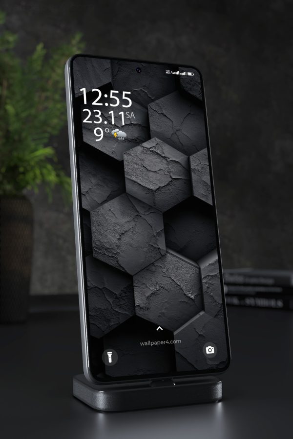 Phone Wallpaper 7195 - Dark Hexagonal Stone Texture in Black and Gray