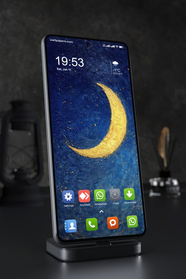 Phone Wallpaper 7199 - Golden Crescent Moon in a Textured Blue Sky