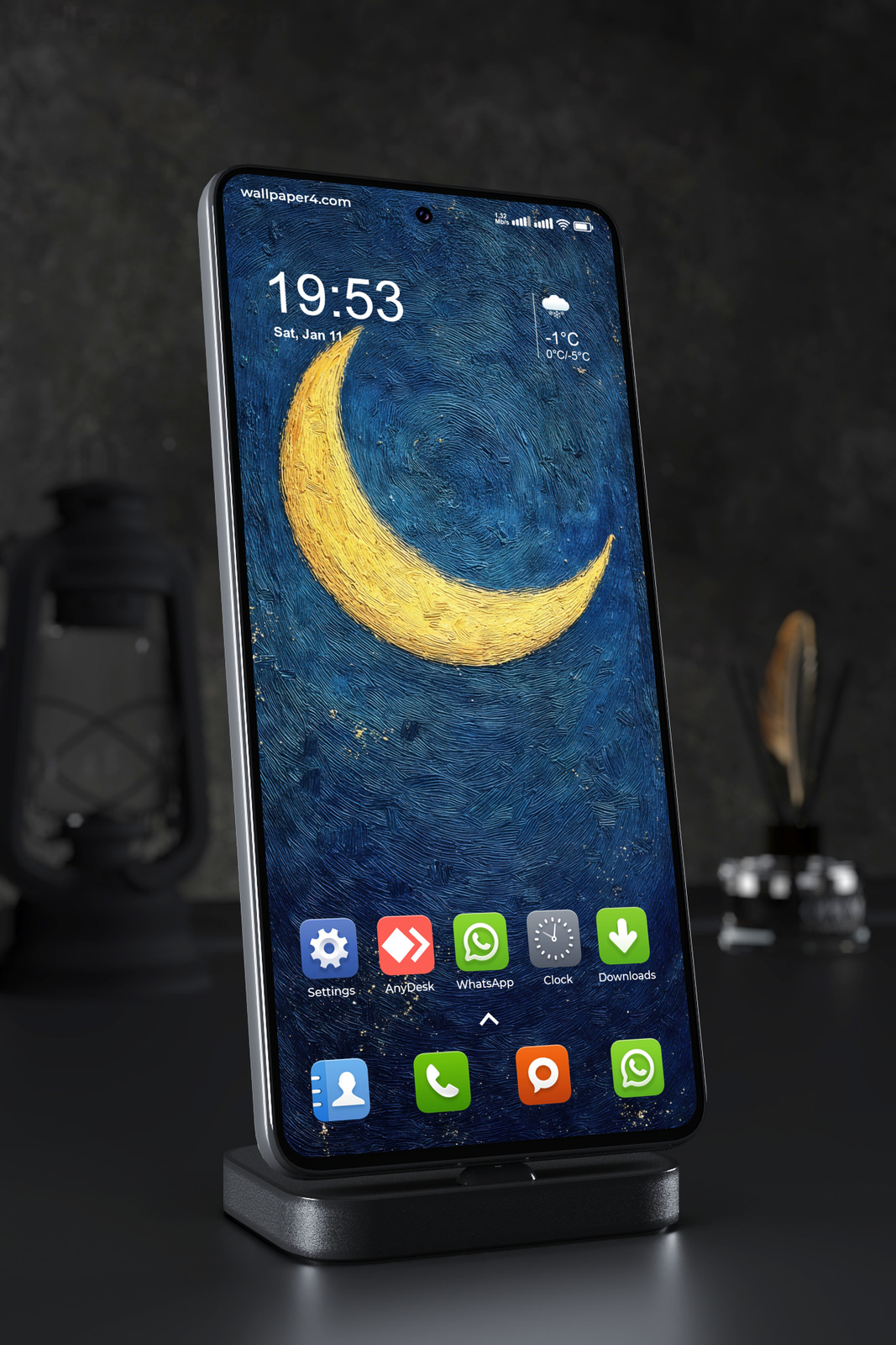 Mobile Wallpaper 7199 - Golden Crescent Moon in a Textured Blue Sky