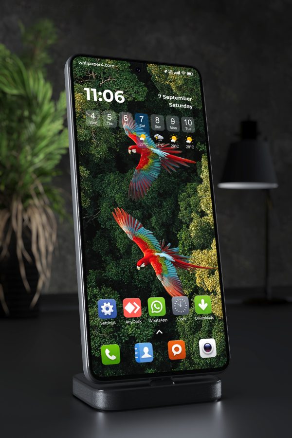 Phone Wallpaper 7209 - Scarlet Macaws Flying Over a Tropical Forest