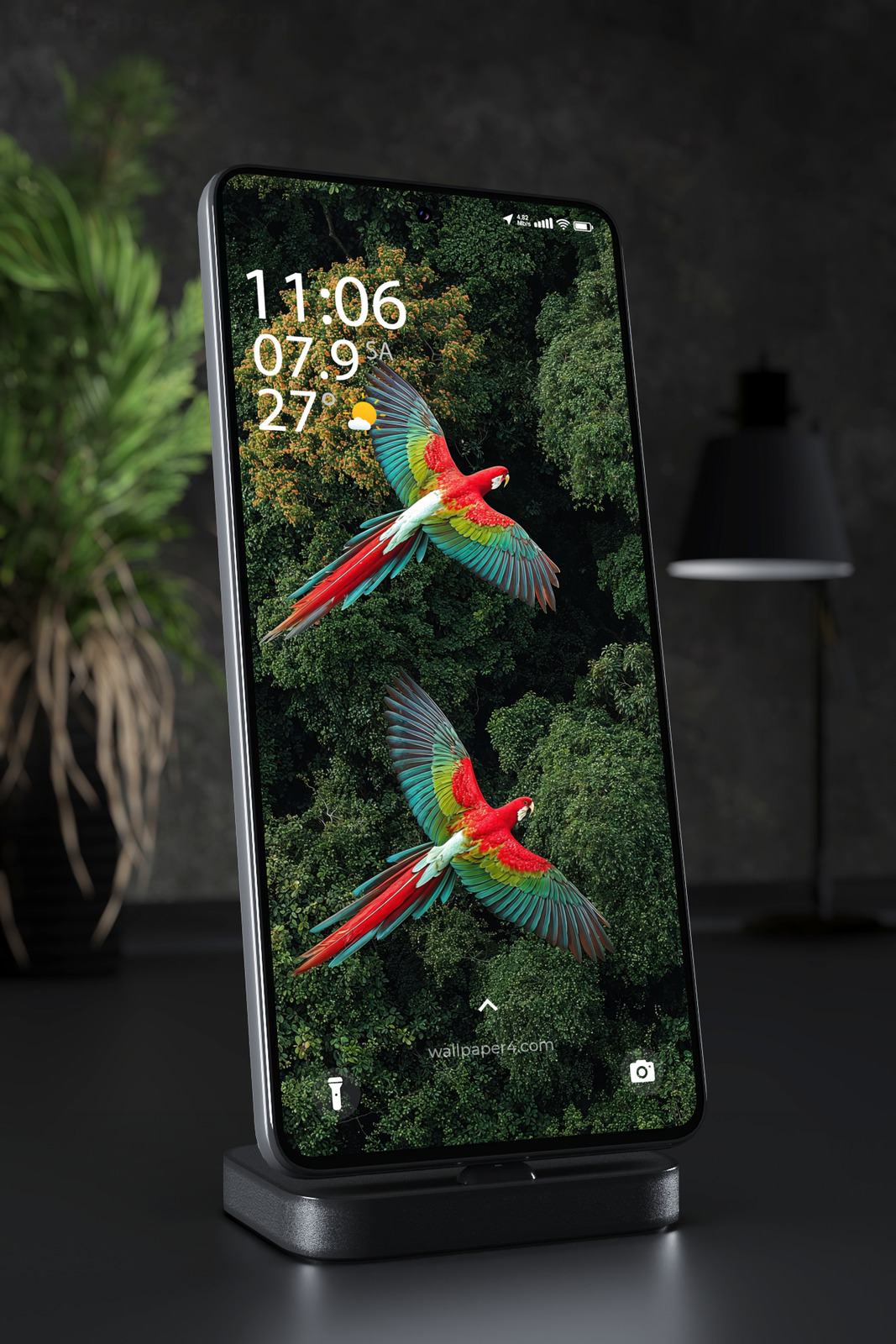 Mobile Wallpaper 7209 - Scarlet Macaws Flying Over a Tropical Forest