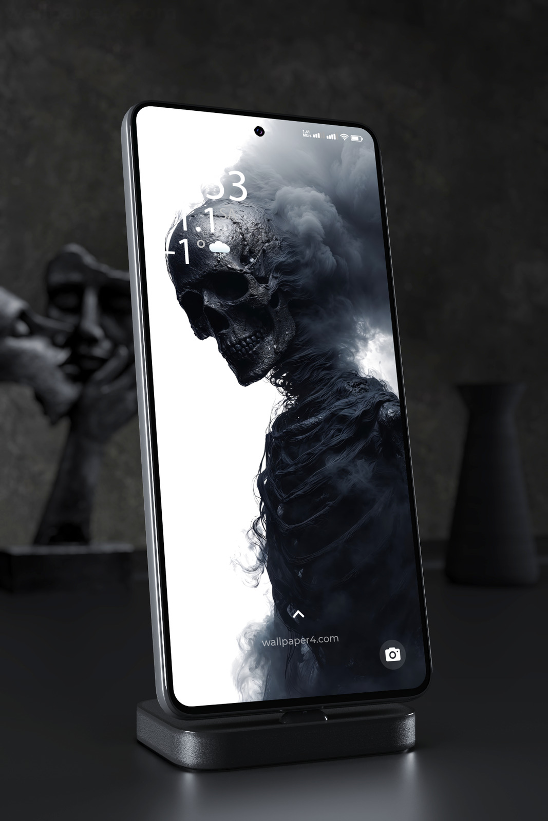 Phone Wallpaper 7212 - Dark Smoking Skull in Monochrome Shadows