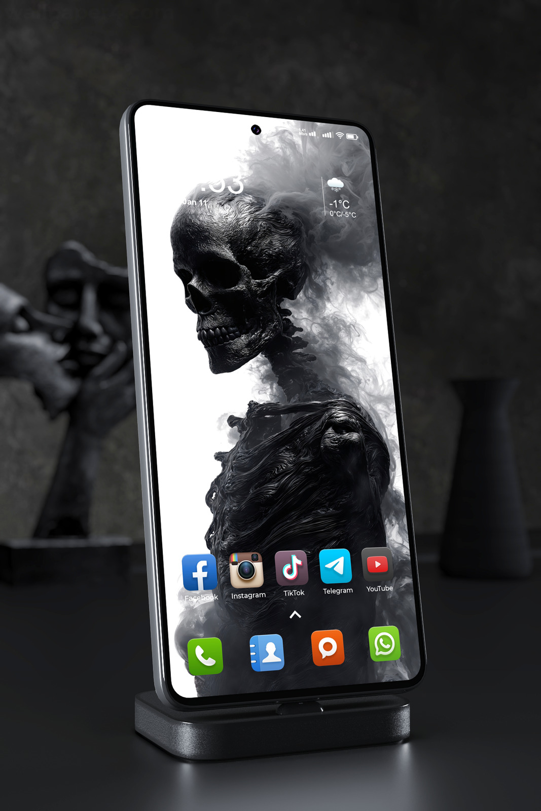 Mobile Wallpaper 7212 - Dark Smoking Skull in Monochrome Shadows