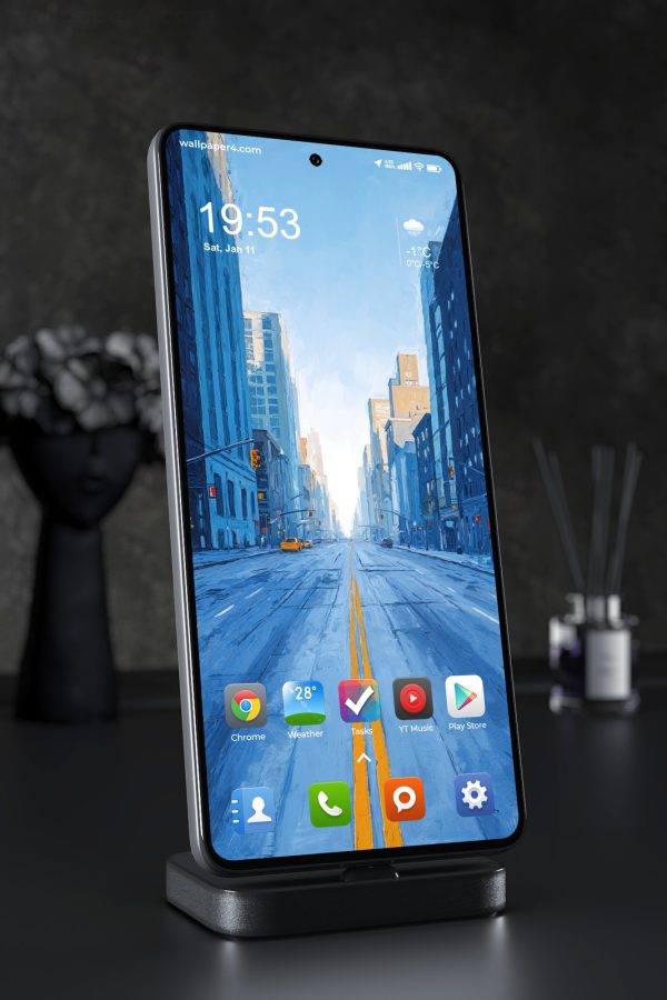 Phone Wallpaper 7216 - Blue City Street with Golden Road Lines