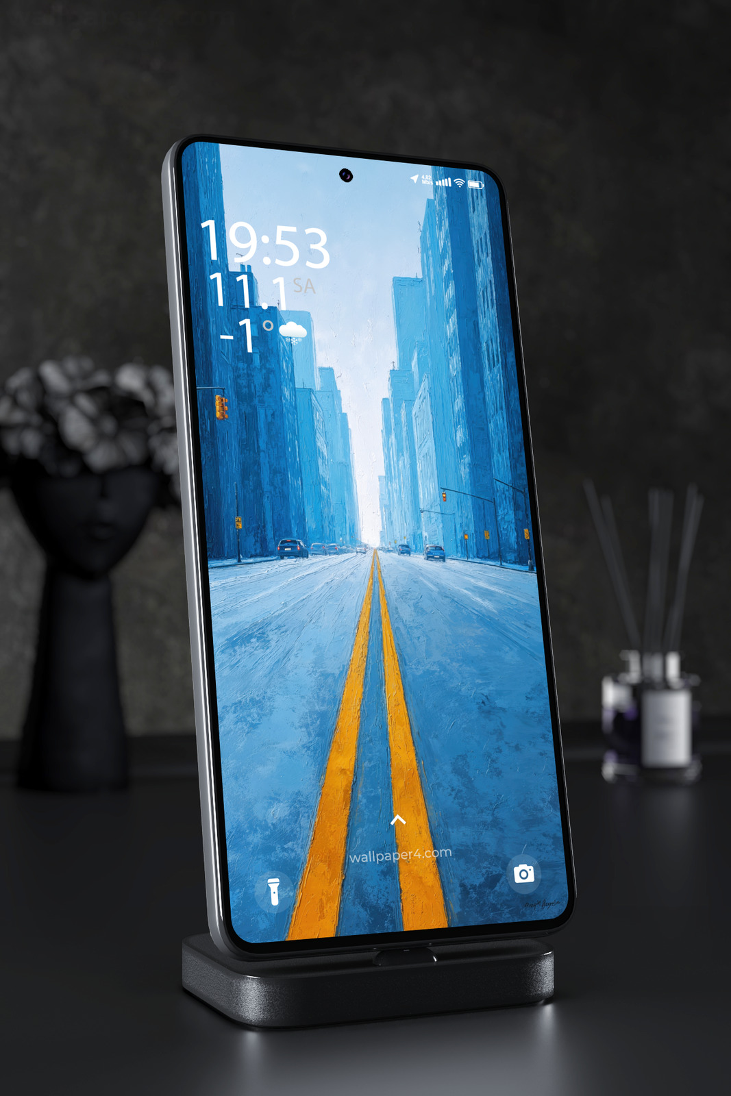 Mobile Wallpaper 7216 - Blue City Street with Golden Road Lines