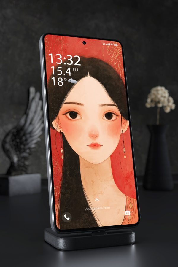 Phone Wallpaper 7220 - Elegant Asian Girl Portrait in Red and Gold