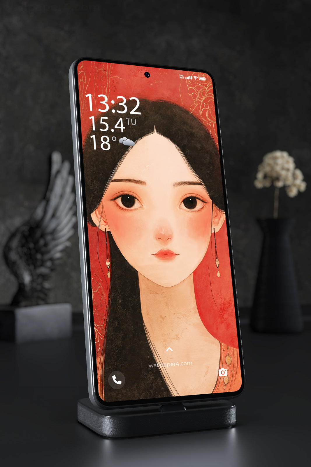 Phone Wallpaper 7220 - Elegant Asian Girl Portrait in Red and Gold