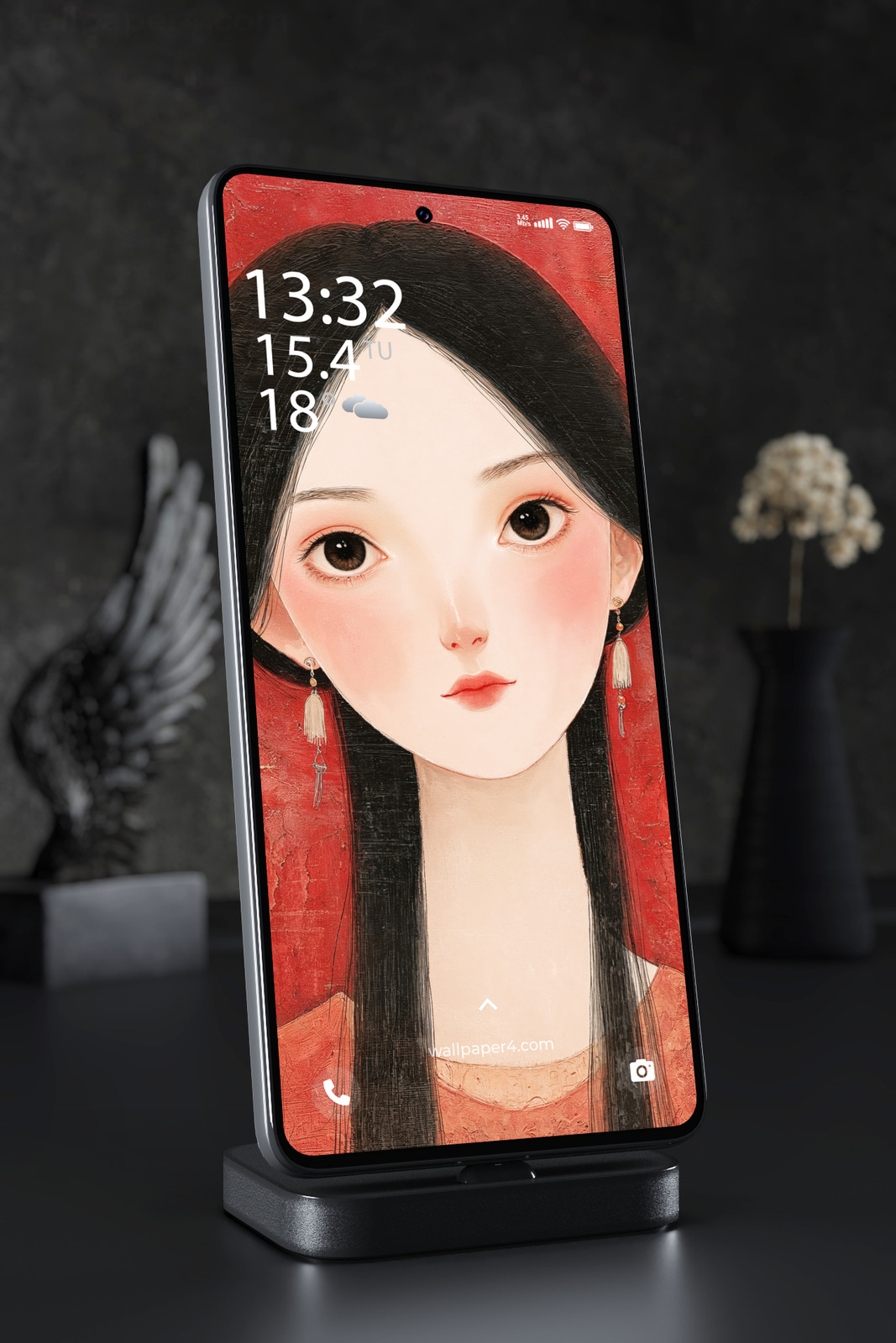 Mobile Wallpaper 7220 - Elegant Asian Girl Portrait in Red and Gold