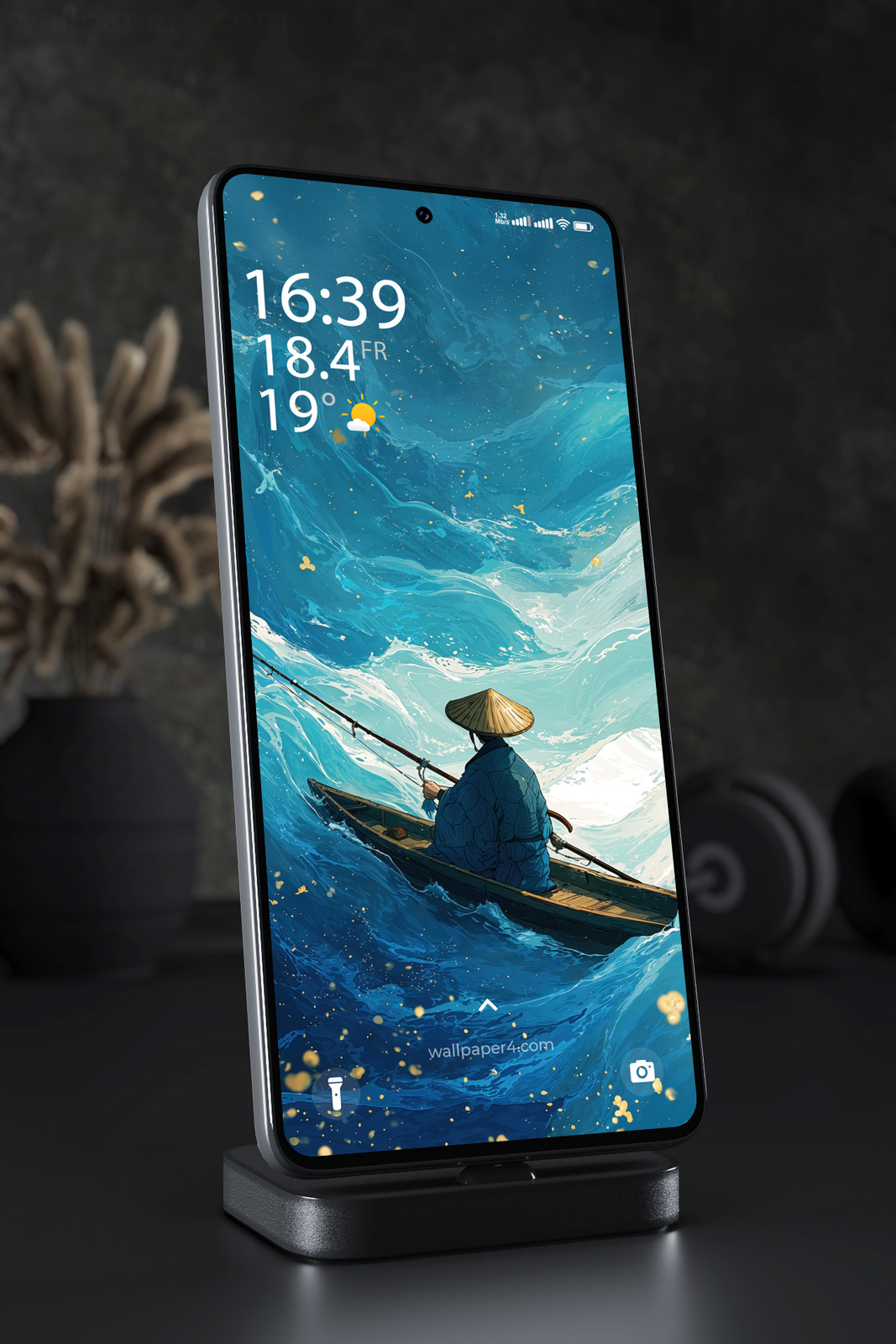 Phone Wallpaper 7224 - Lone Samurai Sailing Across a Glowing Blue Sea
