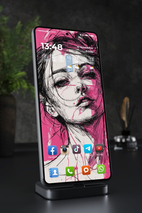 Phone Wallpaper 7241 - Expressive Pink and Black Female Portrait Art