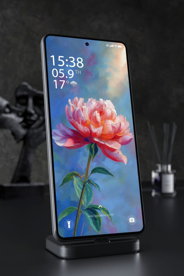 Phone Wallpaper 7258 - Pink Peony in Soft Blue Oil Painting