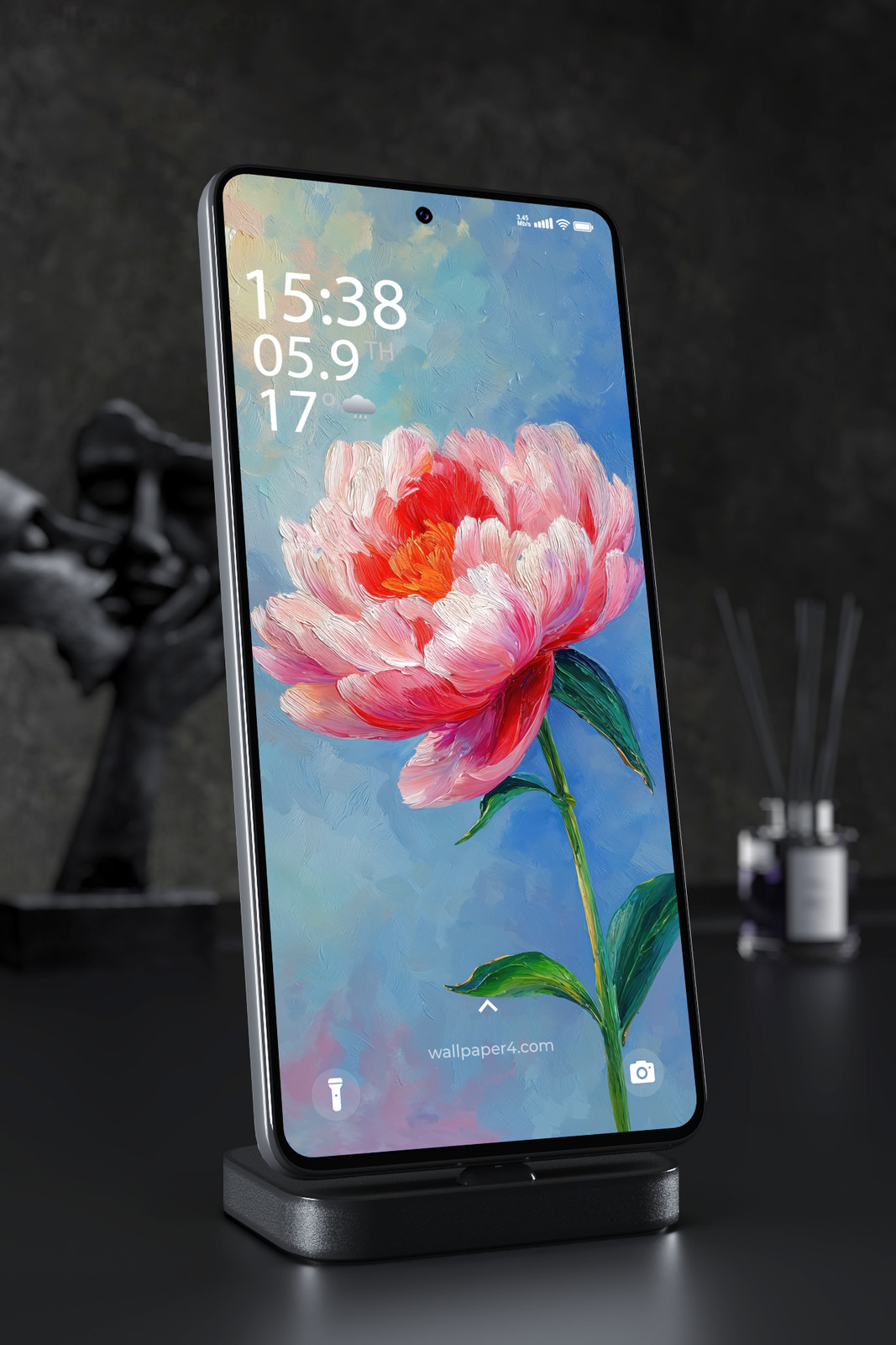 Mobile Wallpaper 7258 - Pink Peony in Soft Blue Oil Painting
