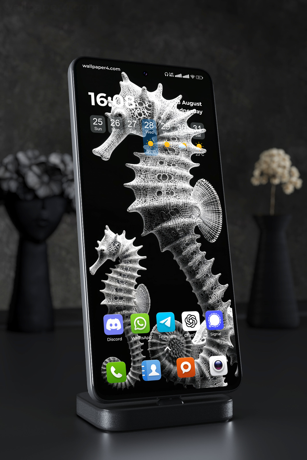 Phone Wallpaper 7263 - Monochrome Seahorses in Intricate X-Ray Style