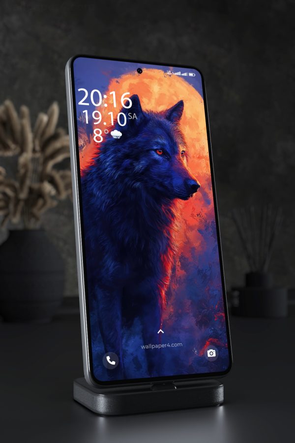 Phone Wallpaper 7271 - Blue Wolf Beneath a Blazing Orange Moon