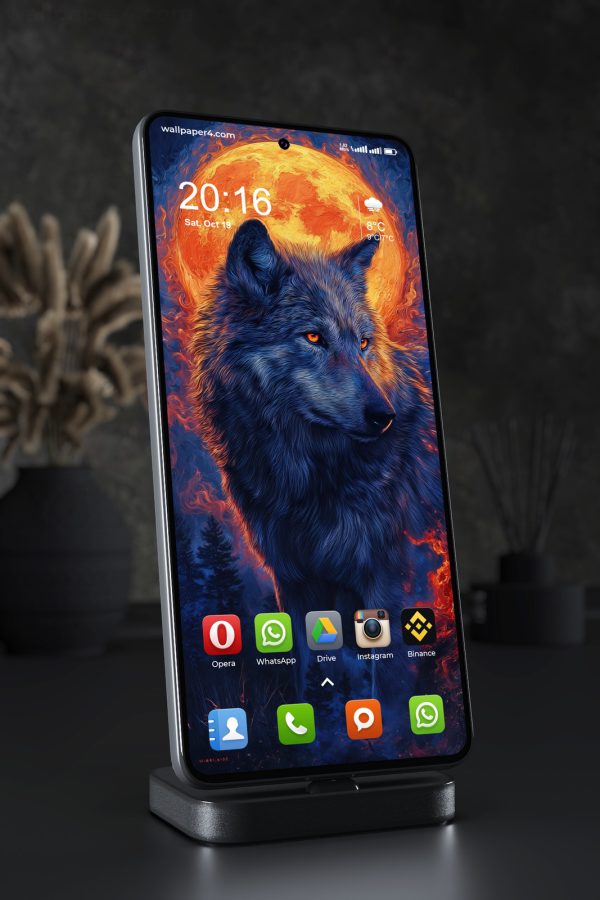 Mobile Wallpaper 7271 - Blue Wolf Beneath a Blazing Orange Moon