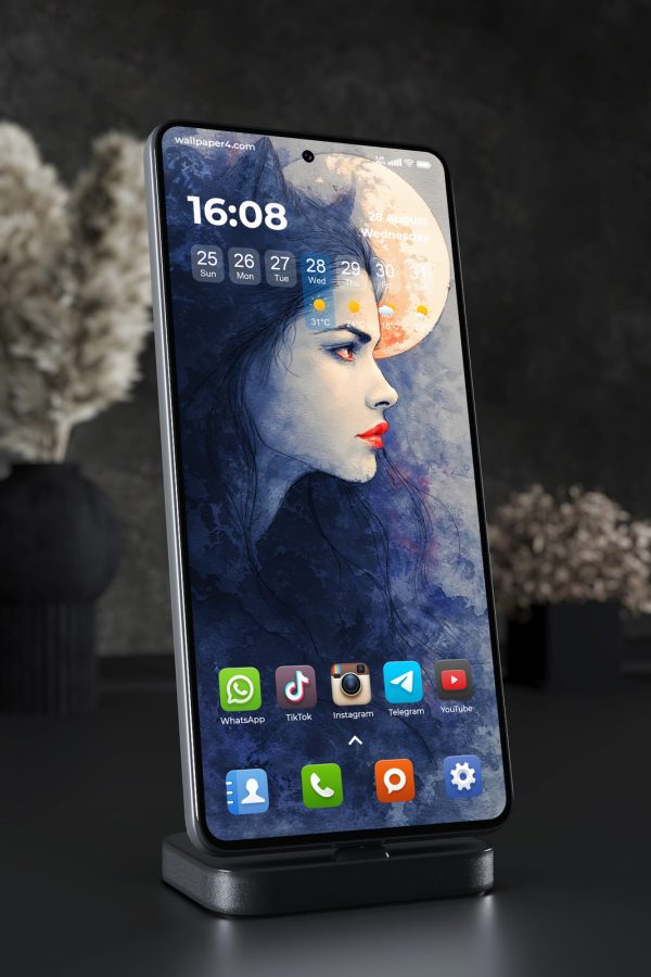 Phone Wallpaper 7276 - Moonlit Woman Portrait in Blue Watercolor Art