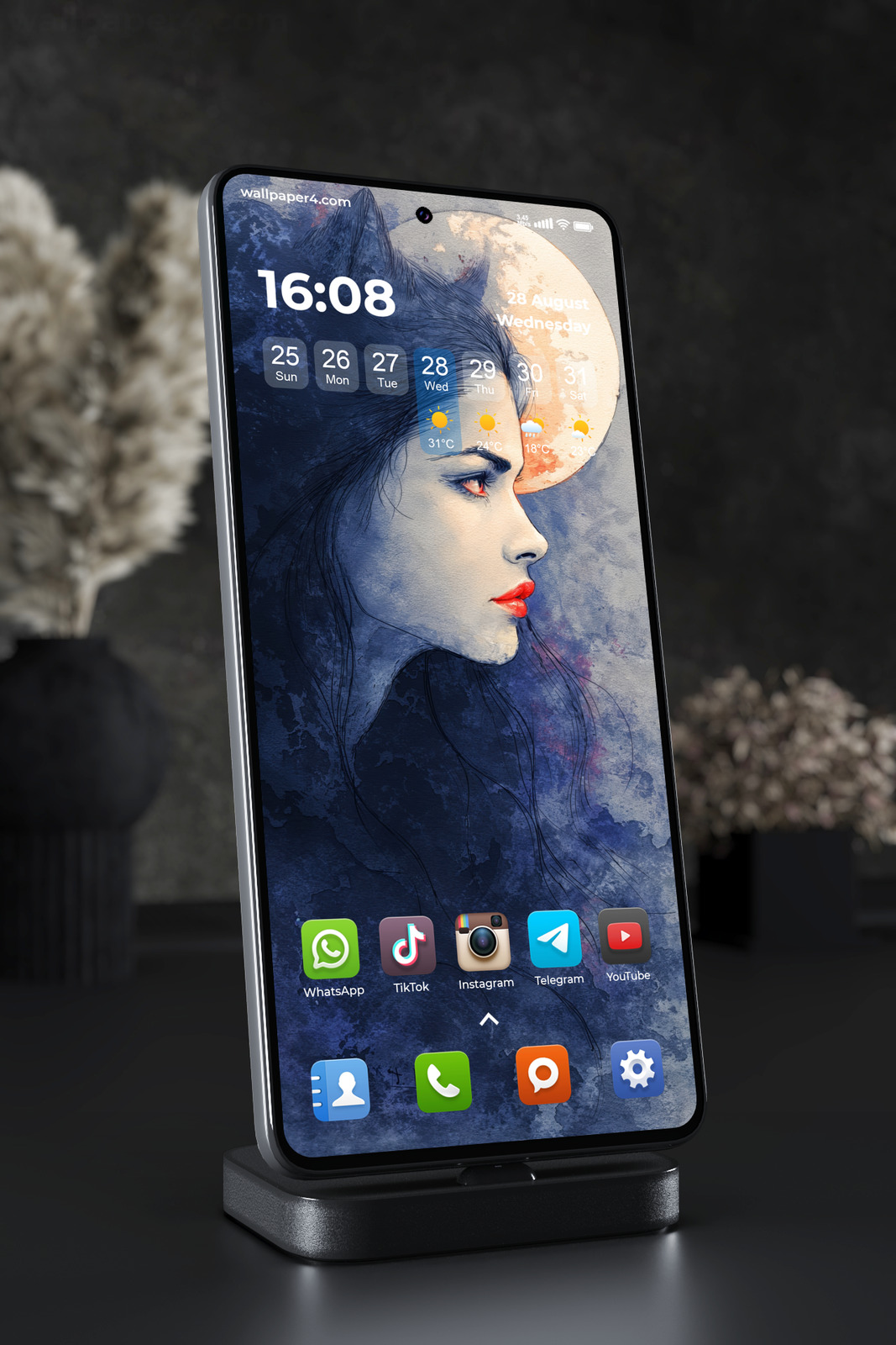 Phone Wallpaper 7276 - Moonlit Woman Portrait in Blue Watercolor Art