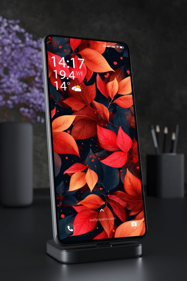 Phone Wallpaper 7279 - Vibrant Red Autumn Leaves on a Dark Background