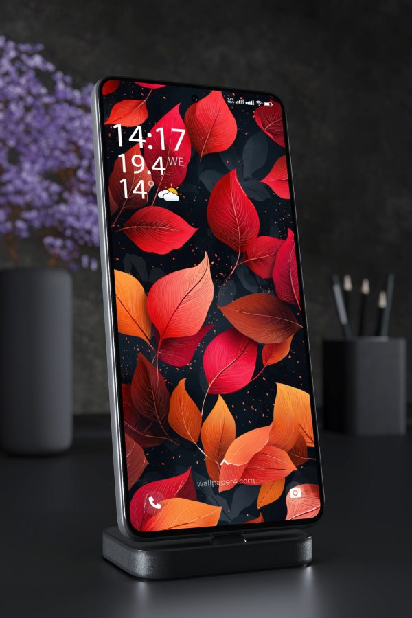 Mobile Wallpaper 7279 - Vibrant Red Autumn Leaves on a Dark Background
