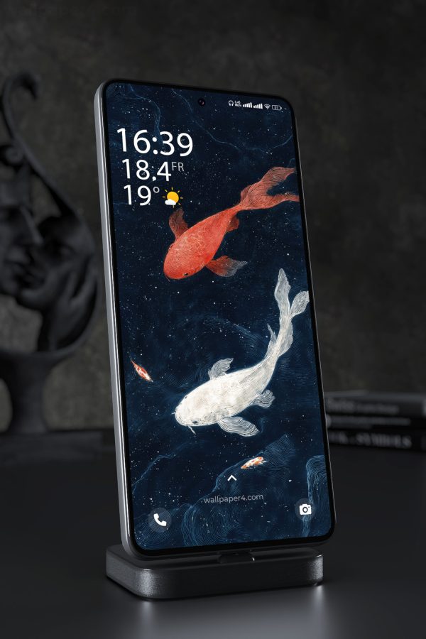 Phone Wallpaper 7283 - Red and White Koi in a Midnight Flow