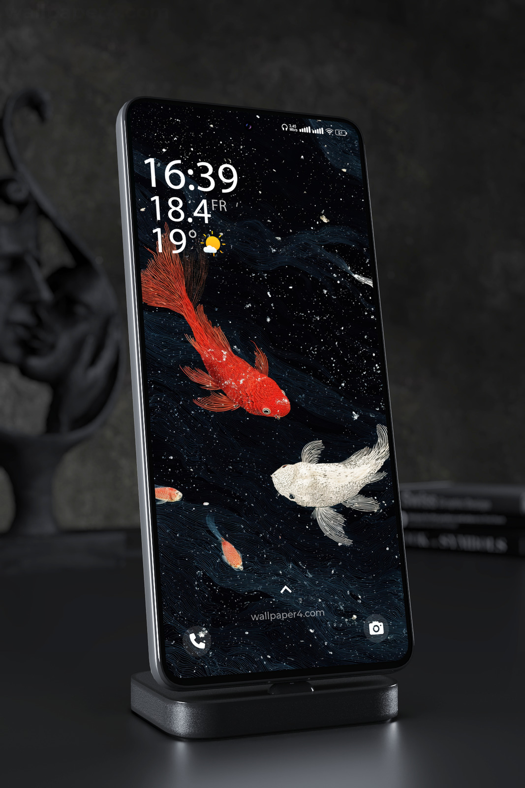 Mobile Wallpaper 7283 - Red and White Koi in a Midnight Flow