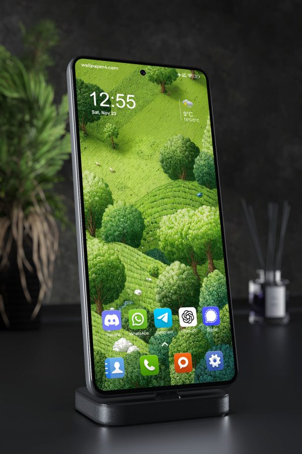 Phone Wallpaper 7304 - Whimsical Green Meadow and Trees Illustration