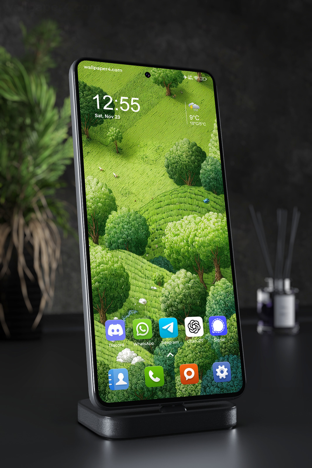 Phone Wallpaper 7304 - Whimsical Green Meadow and Trees Illustration