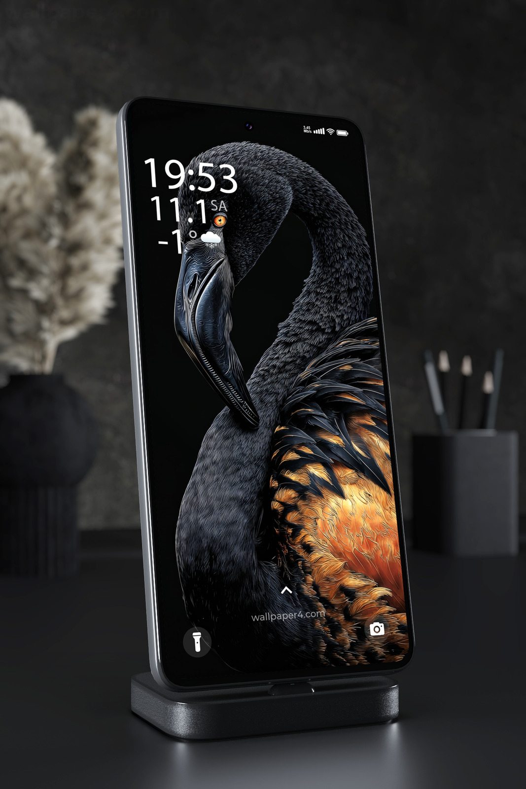 Mobile Wallpaper 7325 - Black and Gold Flamingo Portrait in Dark Detail